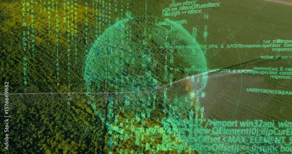 Poster faint circle outline initiating green code streams forming rotating 3d sphere showing canopy data