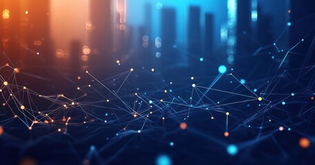 Abstract digital network with glowing connecting nodes and lines against a blurred cityscape background with warm and cool tones