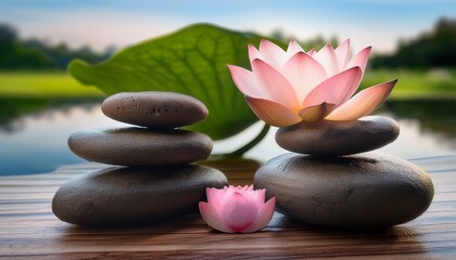 tranquil spa stones are enhanced by the presence of lotus blooms then removed