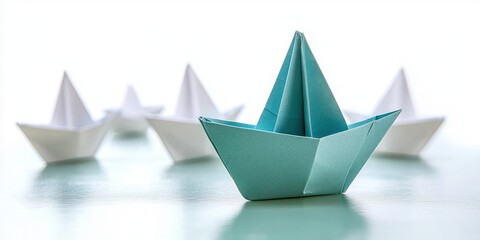 A close-up view of a blue origami paper boat in front of a group of white origami paper boats on a reflective surface, symbolizing leadership and uniqueness.