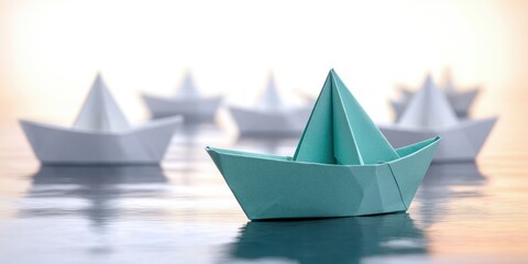 Single blue paper boat floating on calm water with multiple white paper boats blurred in the background during soft warm light conditions
