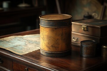 Fototapeta premium Vintage Map Cylinder and Craft Papers on a Wooden Table Surface