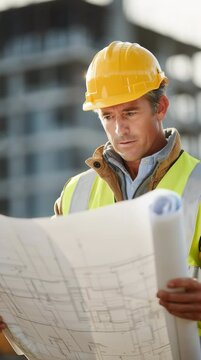medium shot, male architect reviewing blueprints at construction site, hard hat and safety vest, unfinished building in background, early morning sun, serious and focused, ultra-realistic