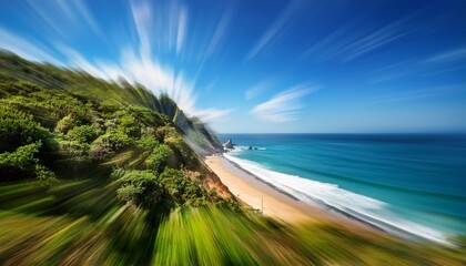 zoom effect on coastal landscape with trees cliffs and beach under bright blue sky creating dynamic blur