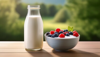 a fresh bottle of milk next to a bowl of creamy yogurt with juicy berries for a refreshing morning meal