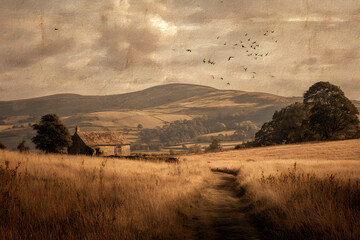 Obraz premium Serene Countryside: A Vintage Glimpse of Rural Tranquility at Dusk