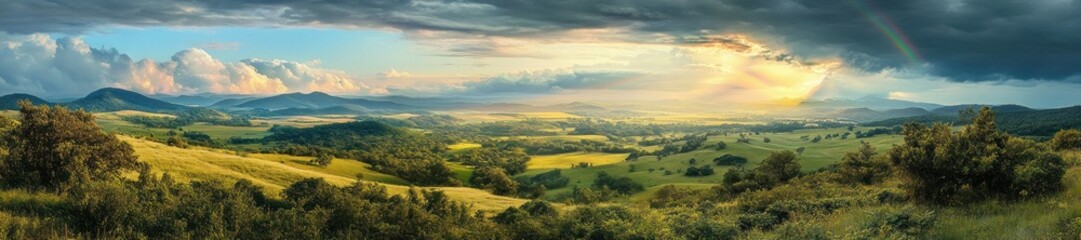 Obraz premium Expansive green valley under dramatic cloudy sky with sun rays breaking through and a faint rainbow, surrounded by rolling hills and scattered trees