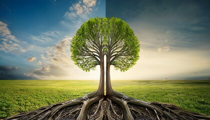 two tree trunks grow from one root intertwining at the bottom and branch out at the top symbolic split
