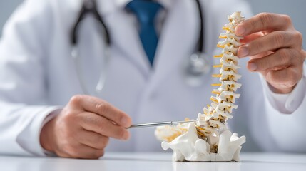 Fototapeta premium Doctor Examining Spinal Column Model Healthcare Anatomy Orthopedics Spine Vertebrae