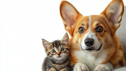 close up of a curious tabby kitten and a calm corgi dog sitting closely side by side on a light background
