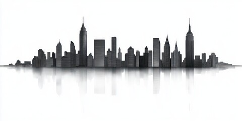 Fototapeta premium monochrome city skyline silhouette reflected on a smooth surface with various skyscrapers and tall buildings against a white background