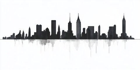 black and white silhouette of a city skyline with tall skyscrapers reflected below on a white background conveying urban calm and simplicity