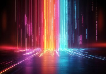 Vivid vertical beams of neon light in various colors including red, orange, pink, and blue reflect on a dark glossy surface, creating a futuristic and dynamic atmosphere
