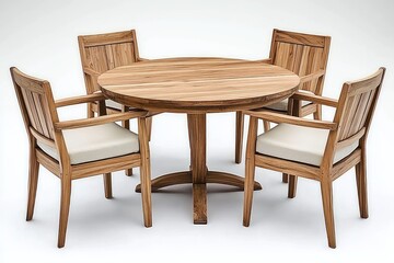 Round wooden dining table with four matching armchairs featuring beige cushioned seats on a white background, showcasing a modern and inviting design