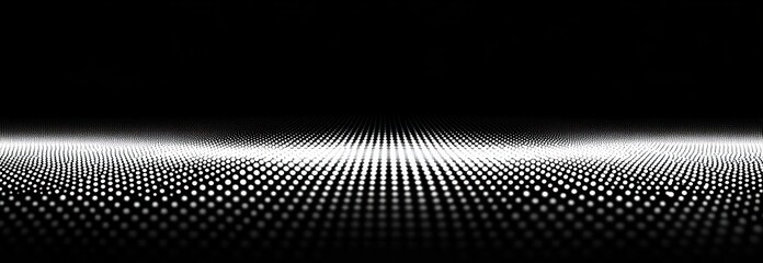 Endless field of glowing white dots arranged in rows on a black background creating a futuristic and mesmerizing digital landscape