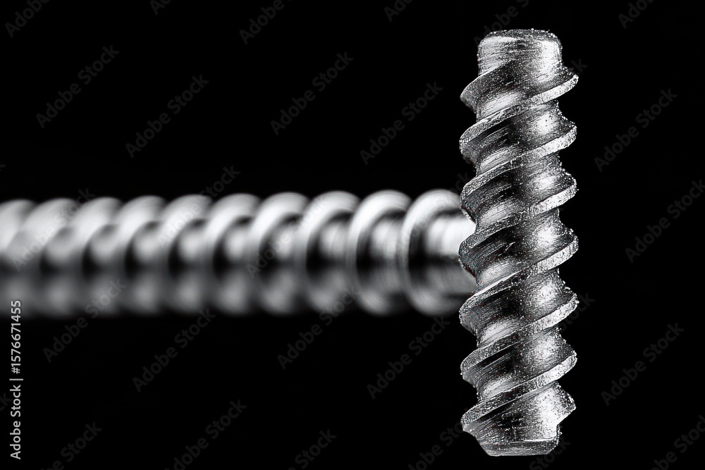 Aufkleber close-up macro photograph of a metallic screw threading with a sharp focus on the front spiraled tip