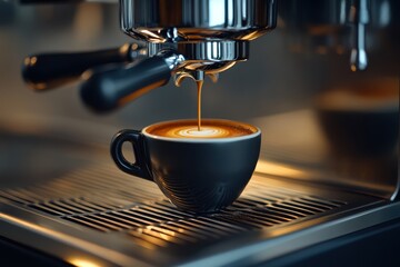 Espresso Extraction with Perfect Crema in a Black Coffee Cup
