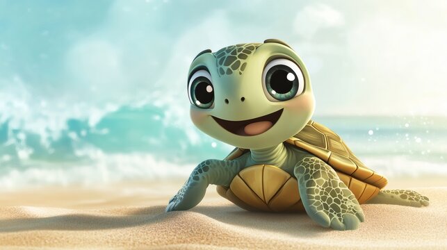 A smiling cartoon turtle sits on a sandy beach near the ocean