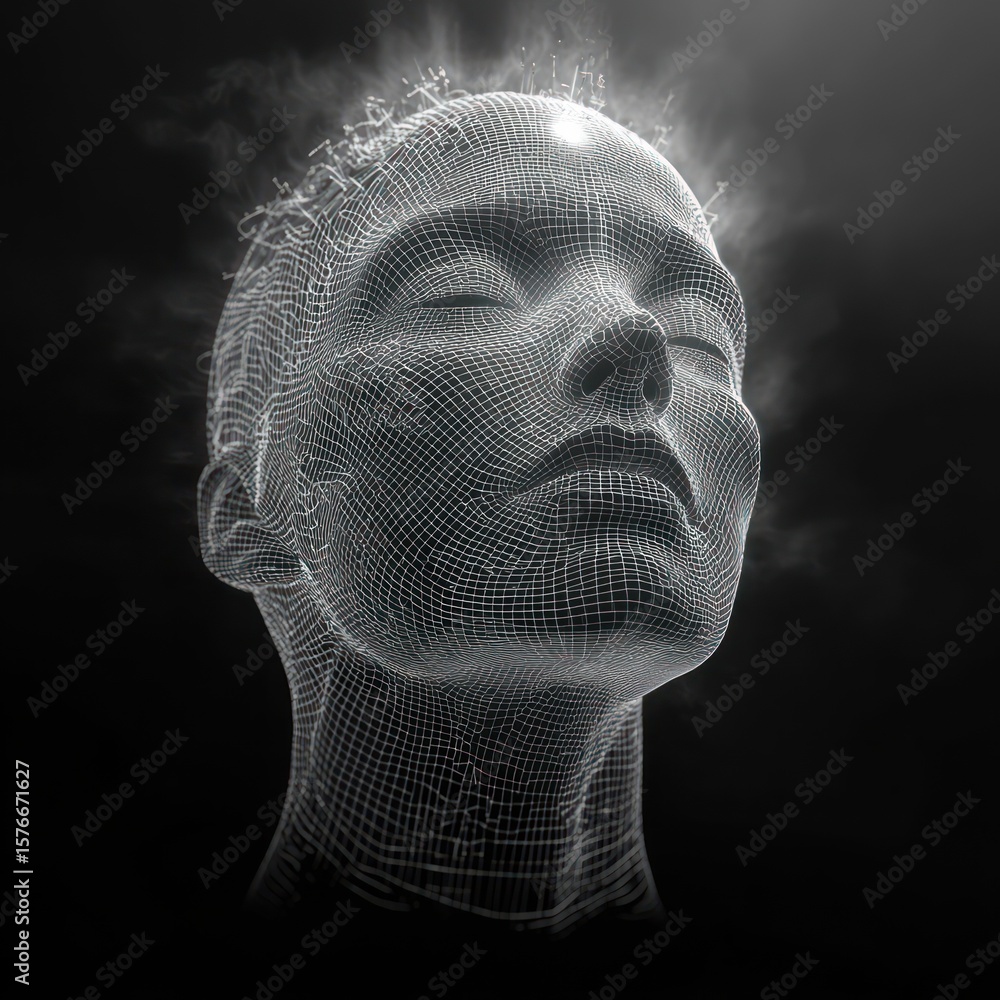 Poster 3d wireframe digital head model with closed eyes and serene expression emerging from darkness with s