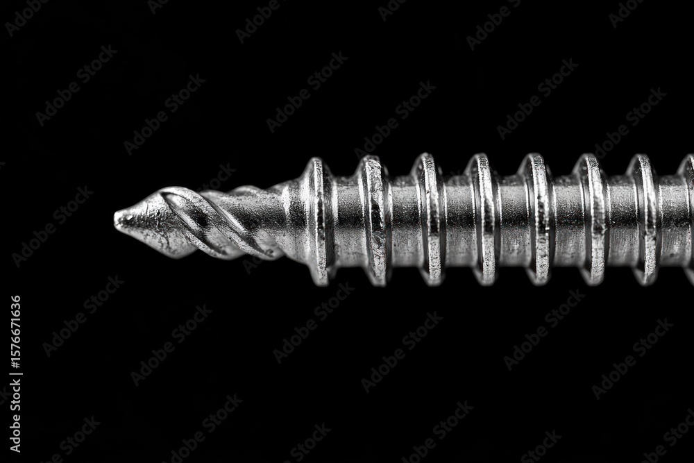 Aufkleber close-up of a metallic screw with sharp threads and a pointed tip against a black background, highli