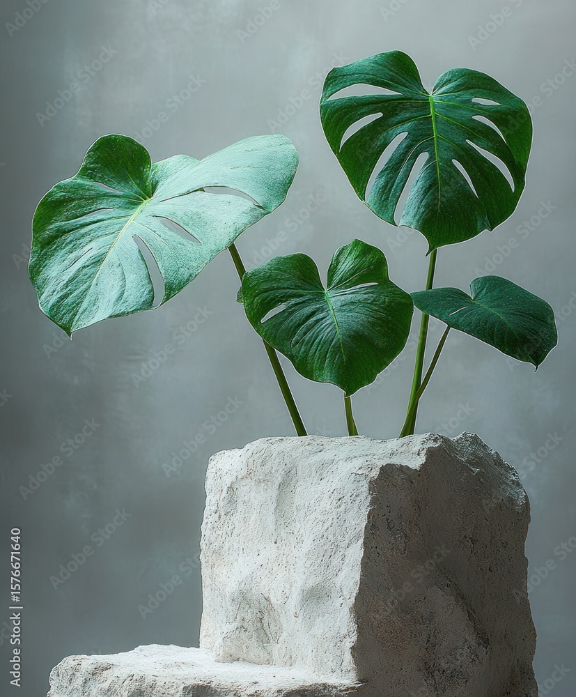 Aufkleber green monstera plant with multiple large leaves placed on rough textured stone blocks against a soft