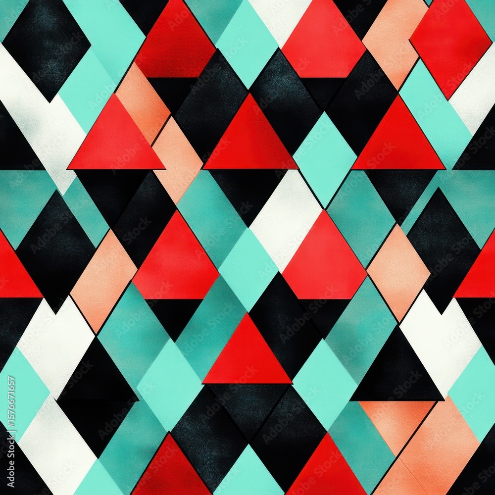 Poster colorful geometric pattern composed of overlapping triangles and diamond shapes in red, teal, black,