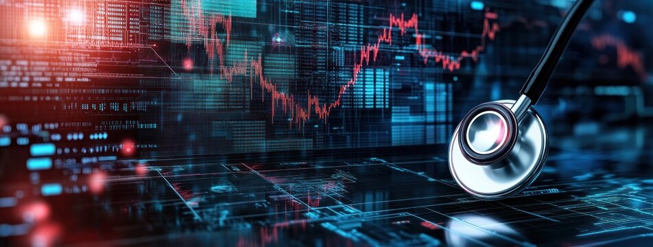 Close-up of a stethoscope on a digital screen displaying financial and data charts with fluctuating graphs in a futuristic healthcare technology environment
