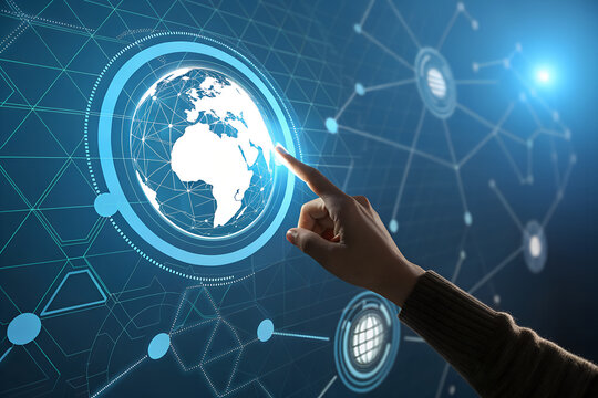 Hand Touching Glowing Globe Icon in Futuristic Interface – Global Communication, International Business, Digital Connectivity, and Worldwide Data Integration