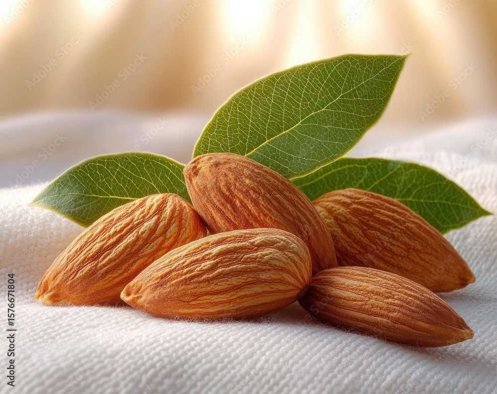 Aufkleber close-up of several almonds with textured shells resting on a white fabric surface accompanied by th