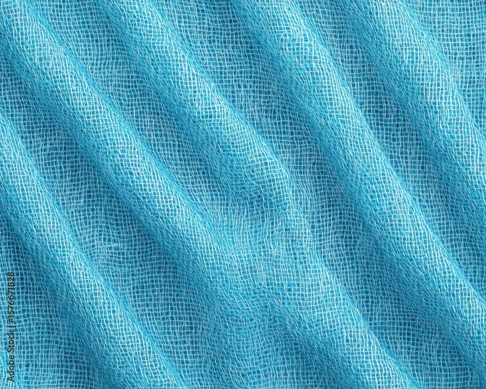 Poster close-up of blue loosely woven fabric with visible threads forming a mesh pattern and subtle folds c