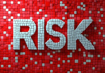 Three-dimensional mosaic tiles forming the word risk with white tiles on a red tile background conveying the concept of danger or challenge