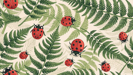 Vector illustration seamless pattern of ladybugs and fern leaves.