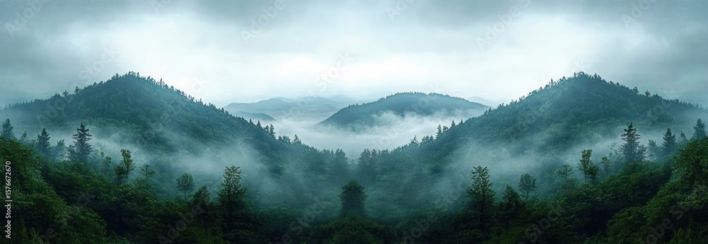 Poster misty forested mountains with dense trees and low clouds creating a mysterious and tranquil atmosphe