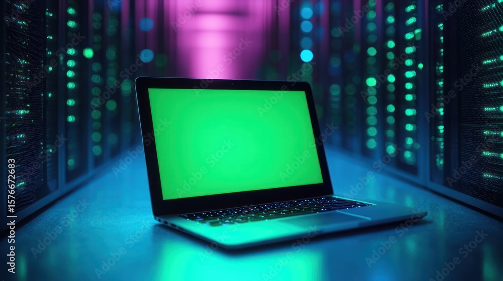 Poster laptop with green screen glowing in a data center corridor surrounded by server racks with blue and 