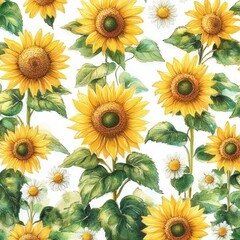 Obraz premium Bright yellow sunflowers blooming amidst green leaves with small white daisies on a light background, evoking a cheerful and lively summer garden scene