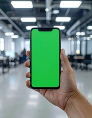Hand holding a smartphone with a bright green screen in an office setting.