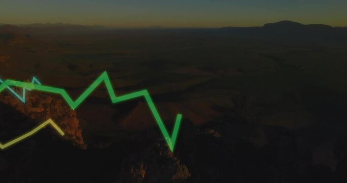 Sunset canyon causing green, yellow and blue lines emerging and animating data trends across scene