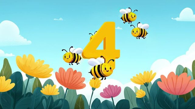 Playful Cartoon Bees and Number Four in a Colorful Floral Garden