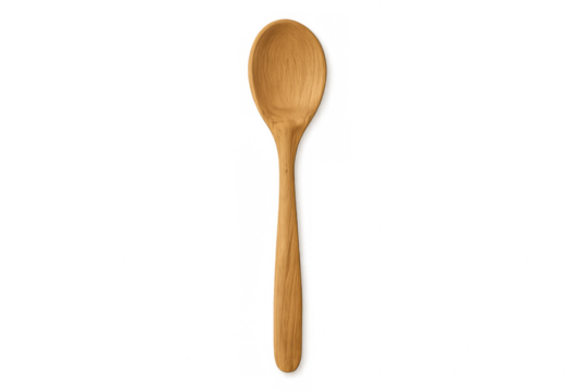 Wooden spoon resting against white backdrop, highlighting traditional kitchen utensil design