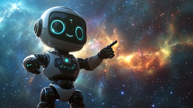 An adorable robot pointing towards the vast expanse of space - Powered by Adobe