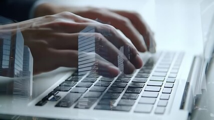 Hands Typing on Laptop Keyboard with a Cityscape Double Exposure Showing Technology and Urban Development at Daytime - Powered by Adobe