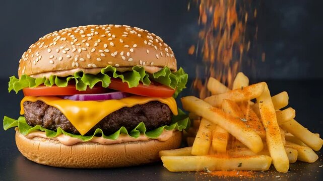Close Up of Mouth Watering Burger and Golden French Fries