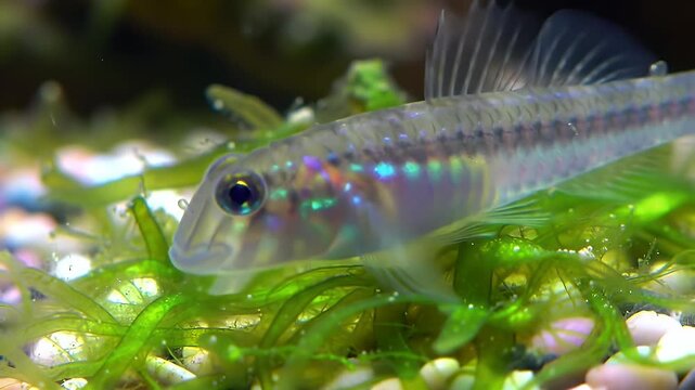 Transparent Goby Resting on Green Seaweed in Brightly Lit Aquarium Freshwater Aquatic Life With Glass Tank Background