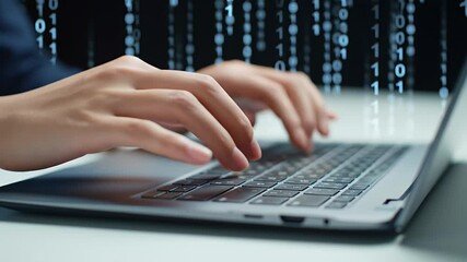Hands Typing on Laptop with Binary Code Overlay for Programming and Cybersecurity on White Desk in Studio - Powered by Adobe