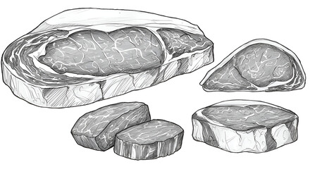 Hand-drawn Sketch of Various Cuts of Beef