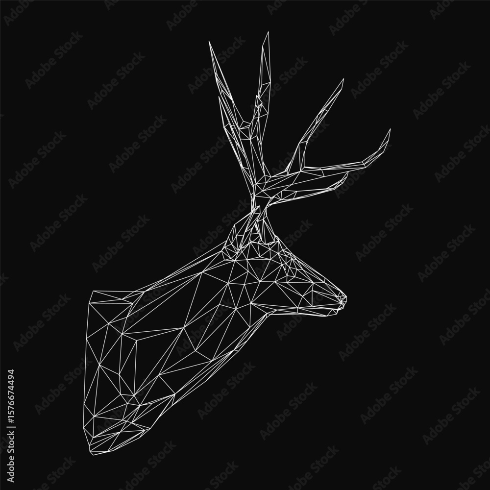 Aufkleber a black and white geometric deer head composed of intricate wireframe shapes and lines stands out ag