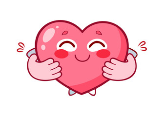 Love yourself, cute cartoon heart character hug. Kawaii heart with hugging arms. Self care and happiness vector illustration.
