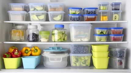 Organized refrigerator interior featuring labeled containers and fresh ingredients neatly arranged on clean shelves, symbolizing smart food storage, meal planning,modern kitchen hygiene safety concept