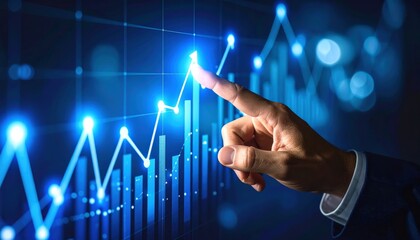 Businessman hand pointing finger to growth success finance business chart of metaverse technology financial graph investment diagram on analysis stock market background with digital economy exchange.