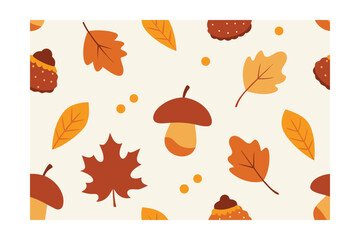 Vector Autumn Pattern With Flat Style Acorns Mushrooms And Leaves